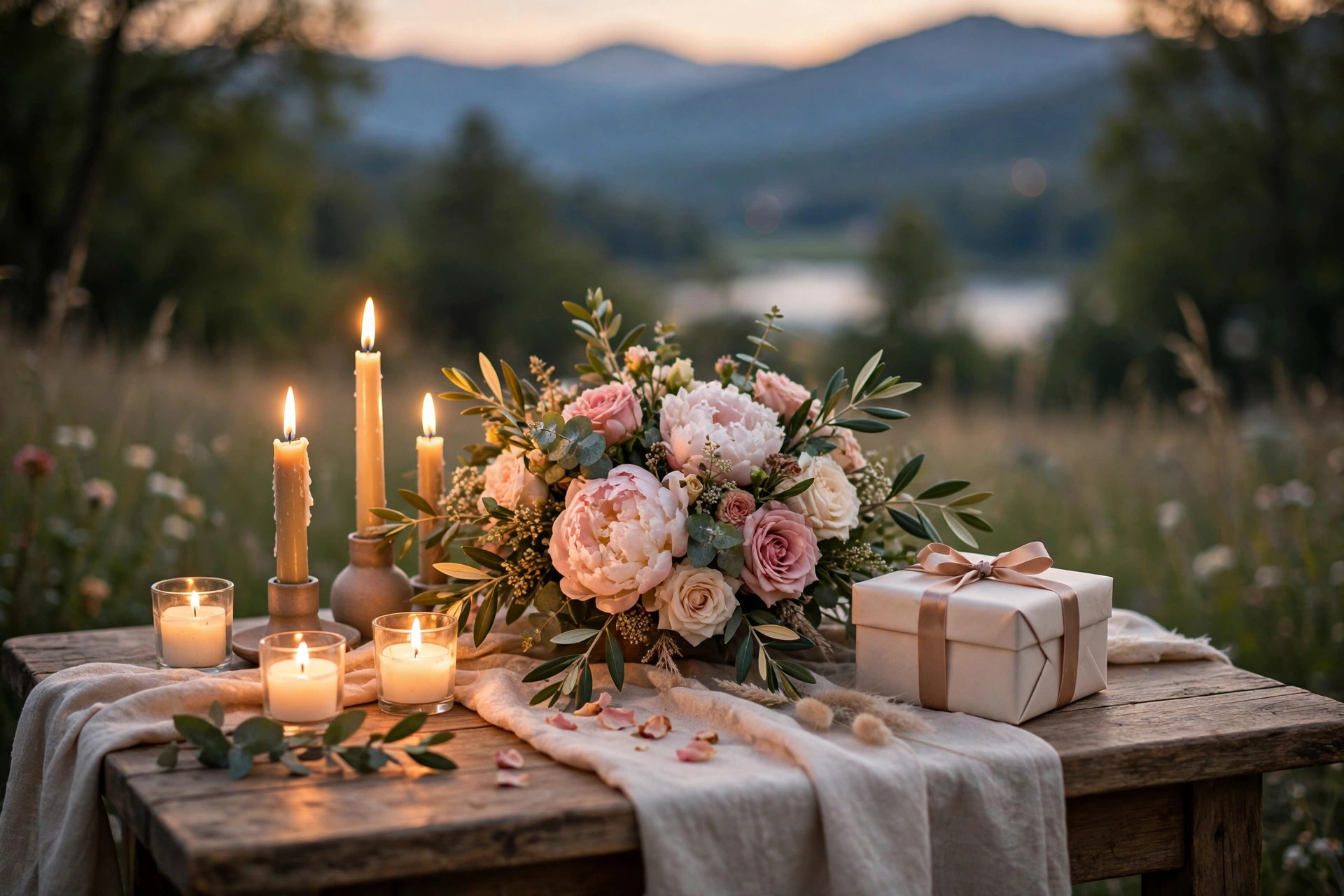 Romantic gift table with flowers, candles and gift box