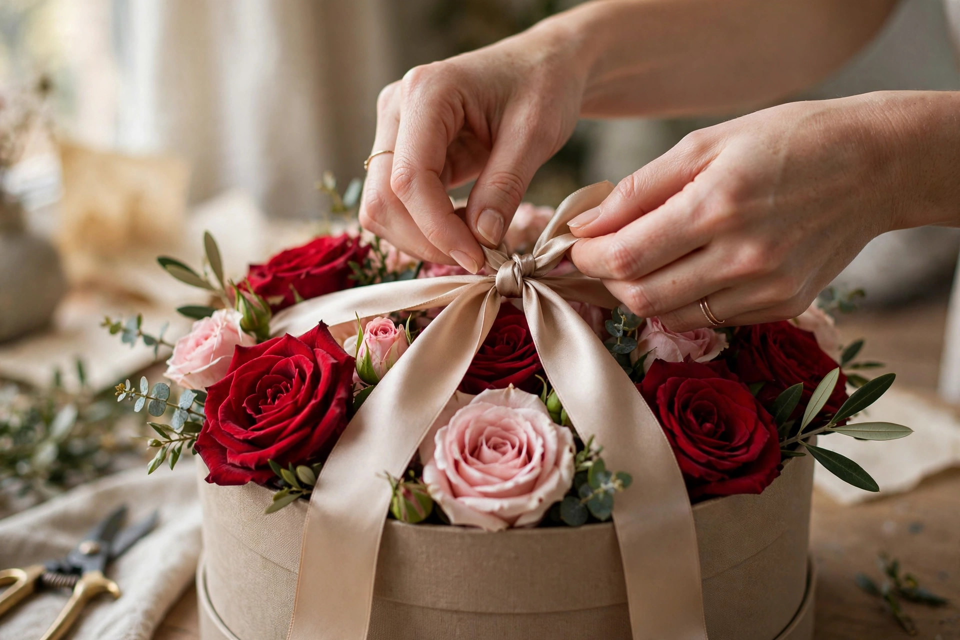Close-up of hands tying satin ribbon on a luxury boxed rose arrangement
