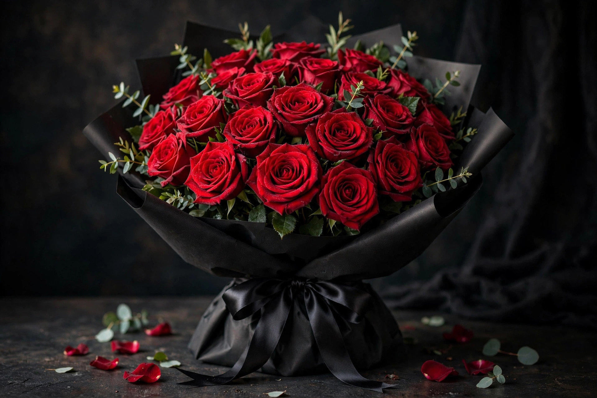 Large bouquet of red roses in elegant black wrapping with satin ribbon