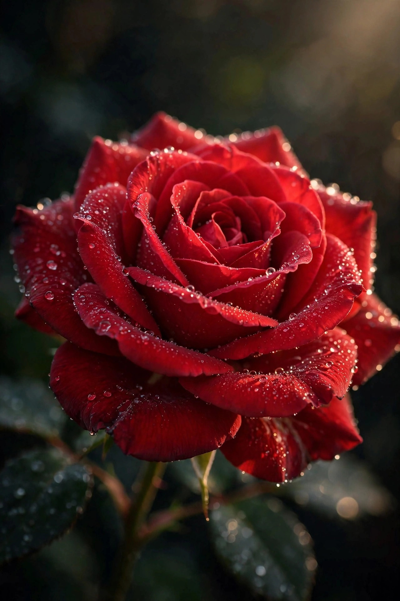 Macro close-up of a perfect red rose with dew drops