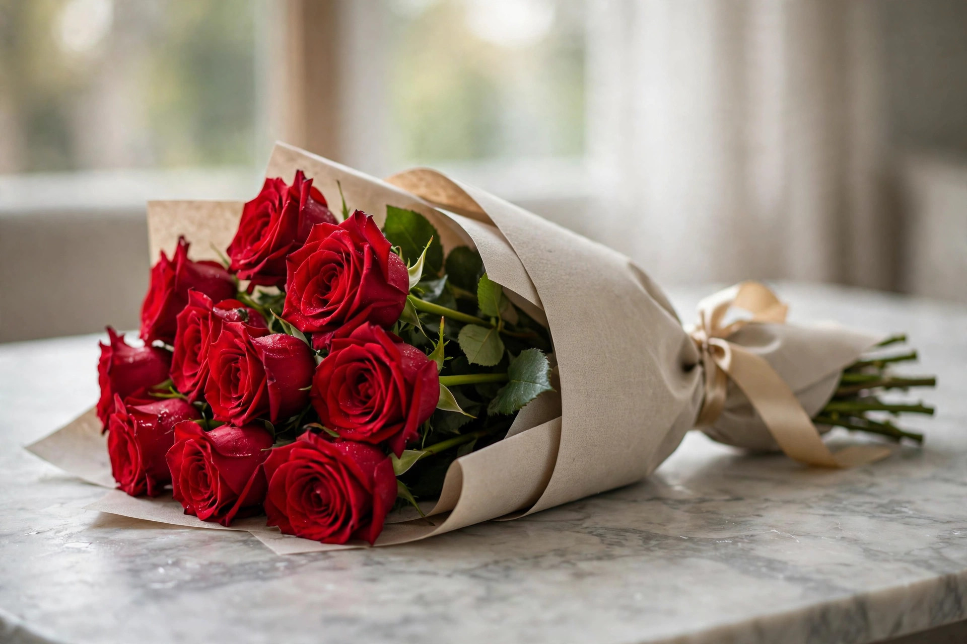 Dozen red roses in elegant wrapping on a marble table