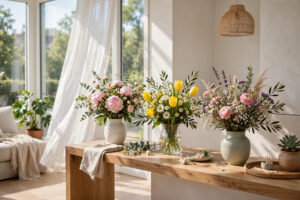 Bright home interior with fresh flower arrangements from a weekly subscription
