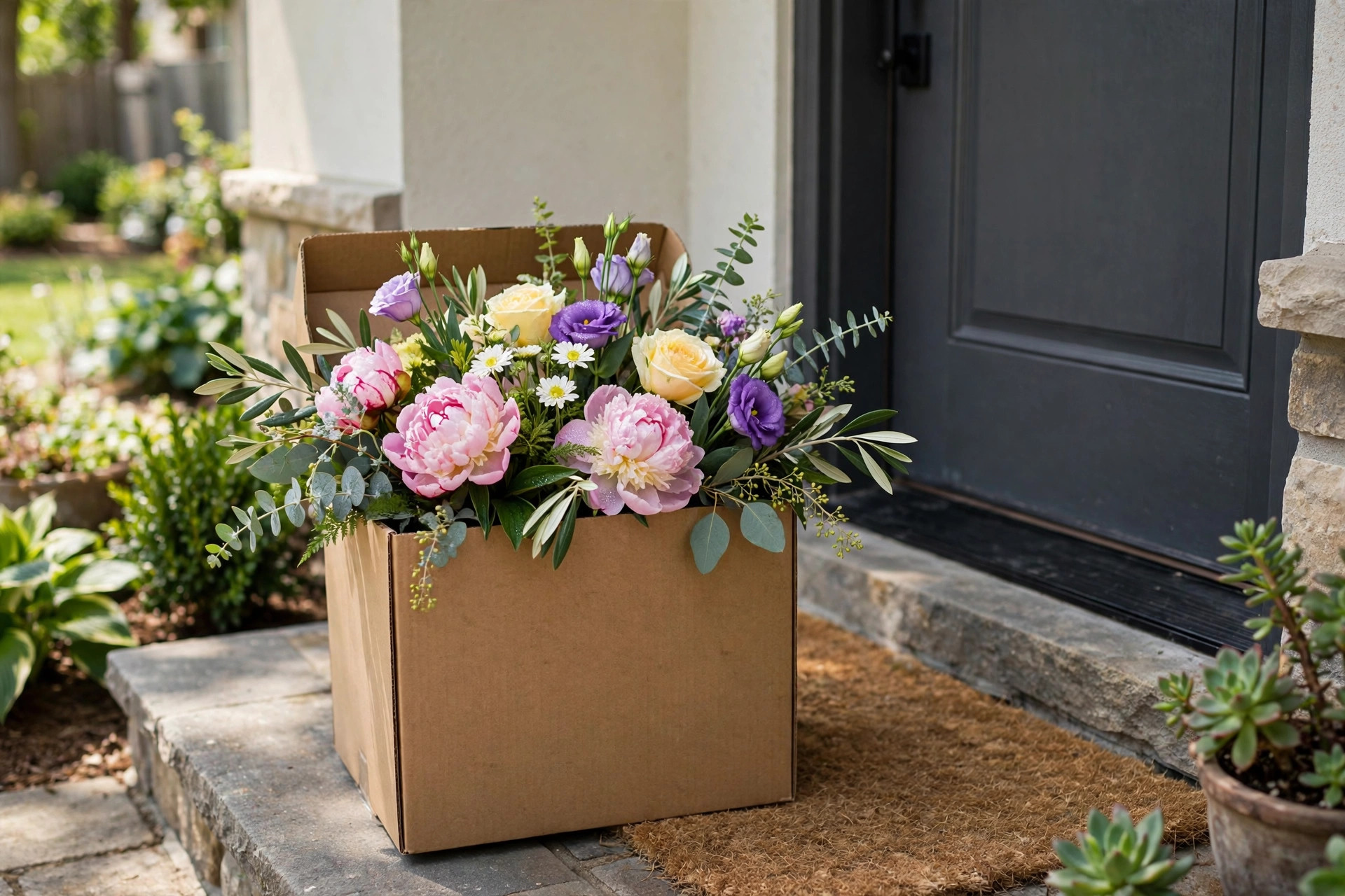 Flower subscription box delivered on a home doorstep