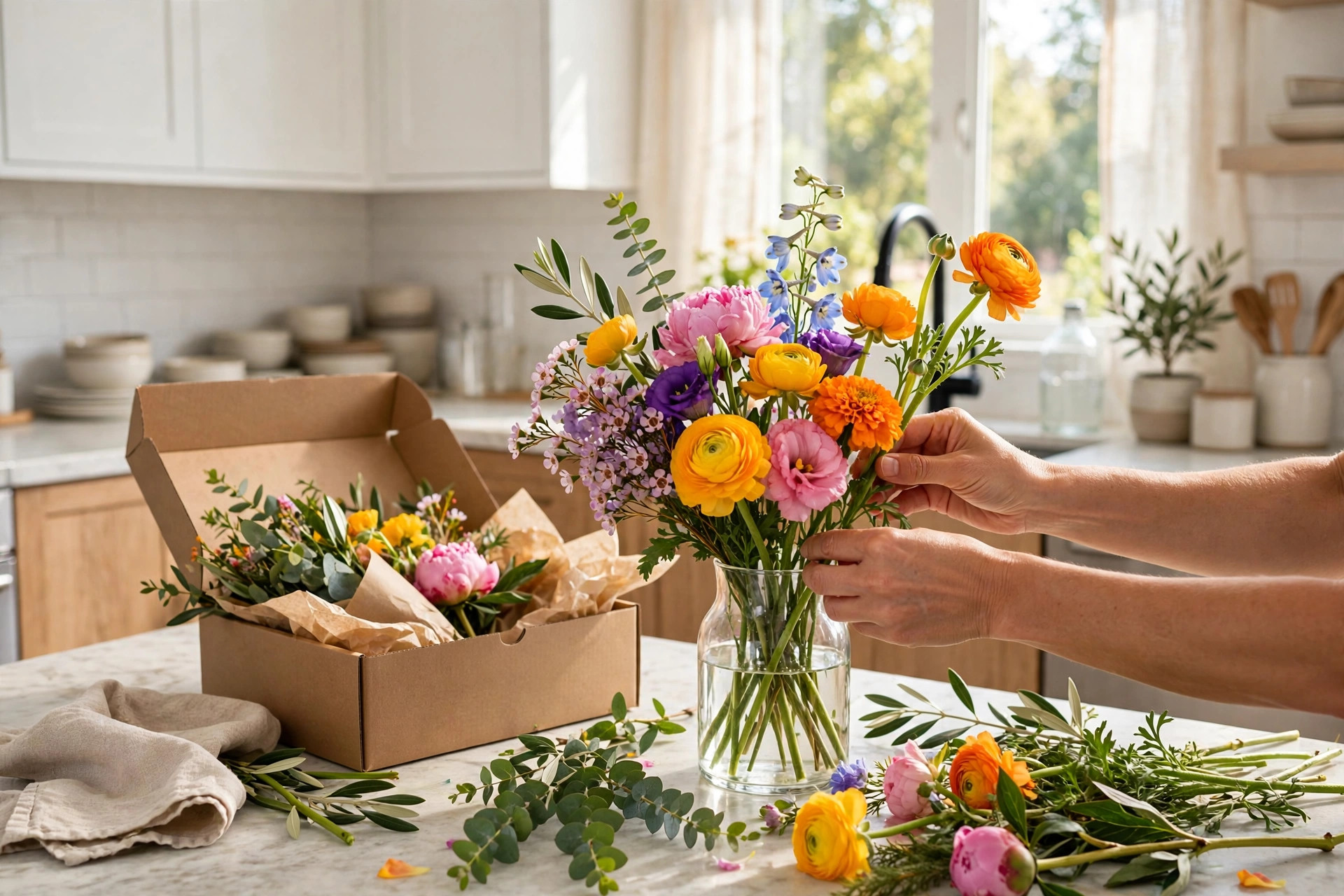 Arranging fresh subscription flowers in a vase at home