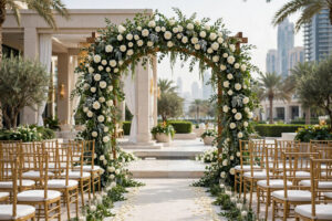 Wedding ceremony floral arch with white roses at a Dubai venue