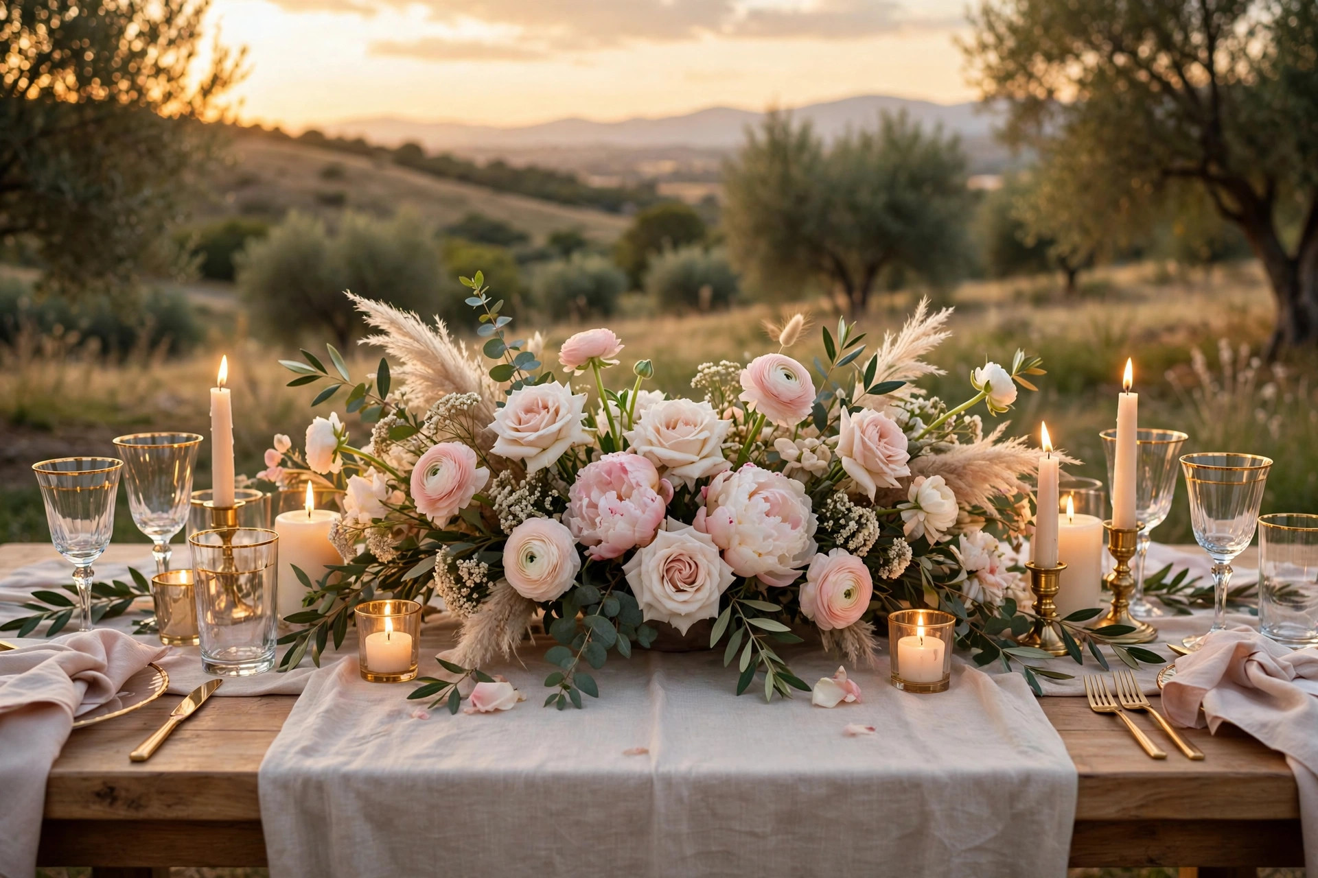 Luxury wedding table centerpiece with flowers and candles