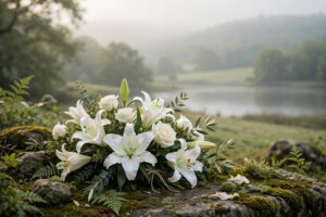 Serene white lily and rose sympathy flower arrangement