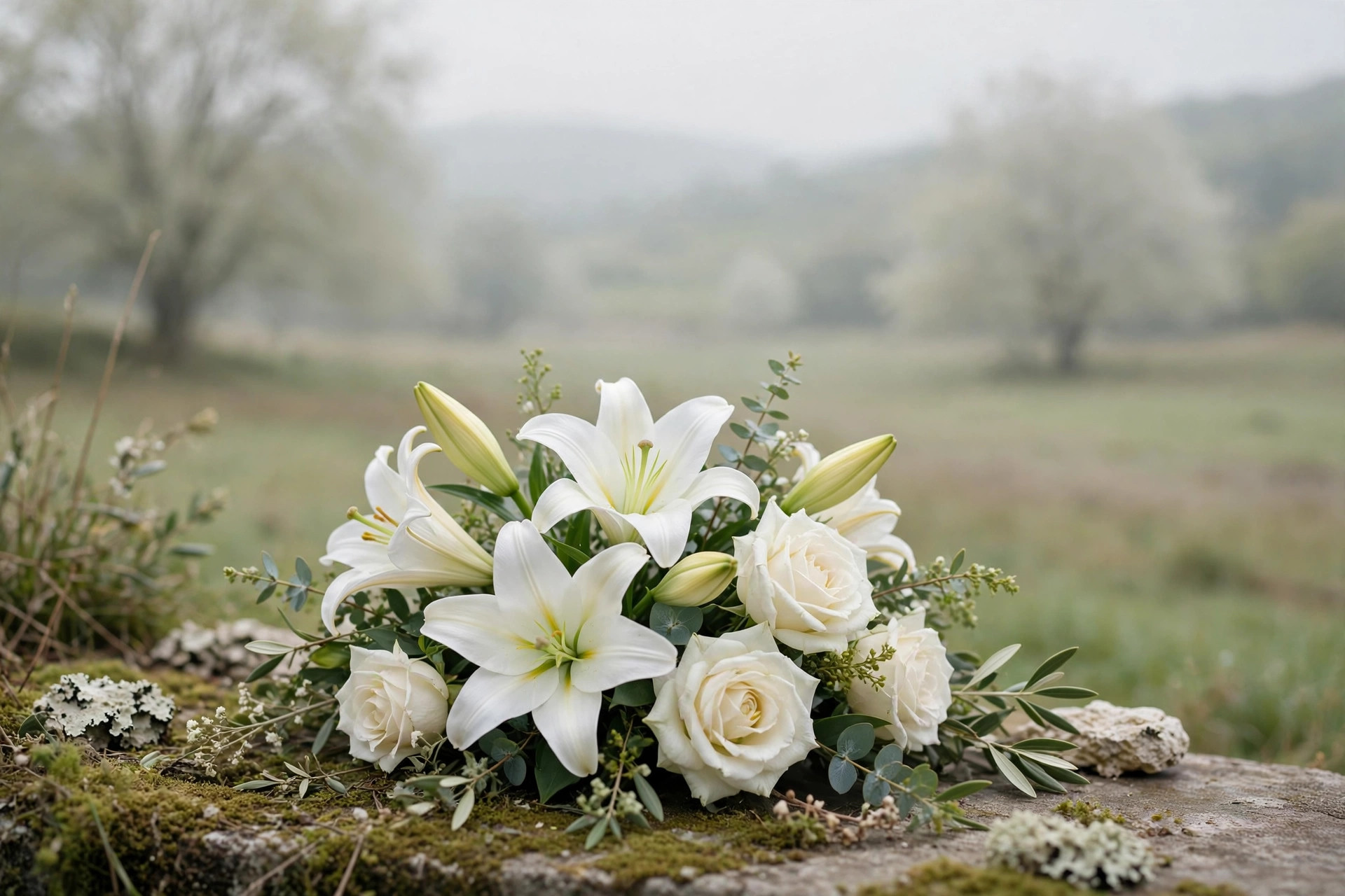 Peaceful white lilies condolence bouquet