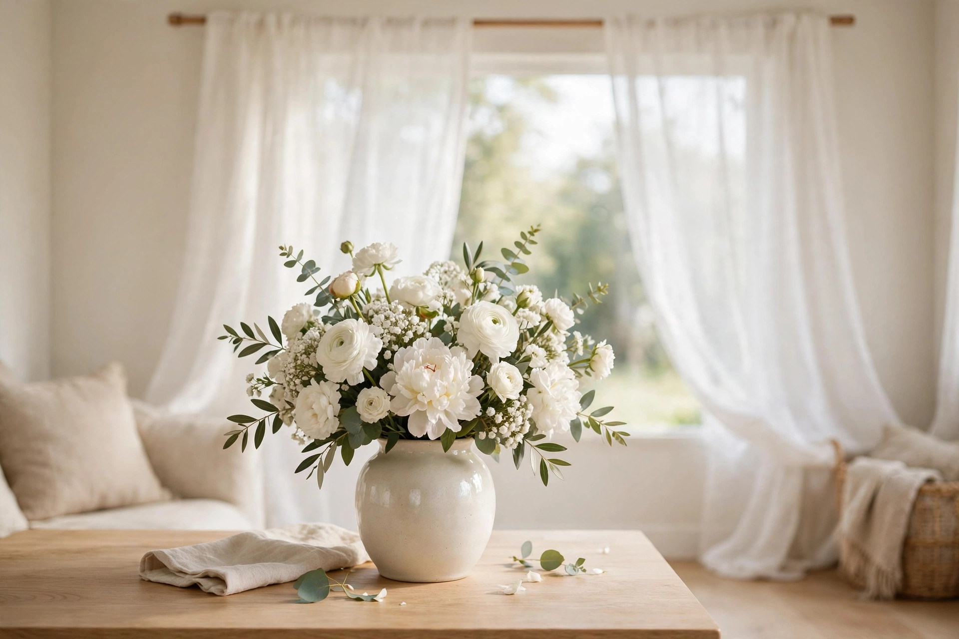 White floral arrangement in a serene bright room