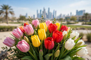 Colorful tulip bouquet in pink, yellow, red and white