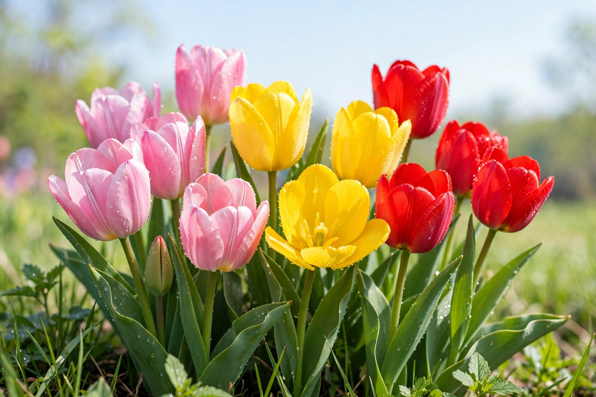 Close-up of vibrant pink, yellow and red tulips