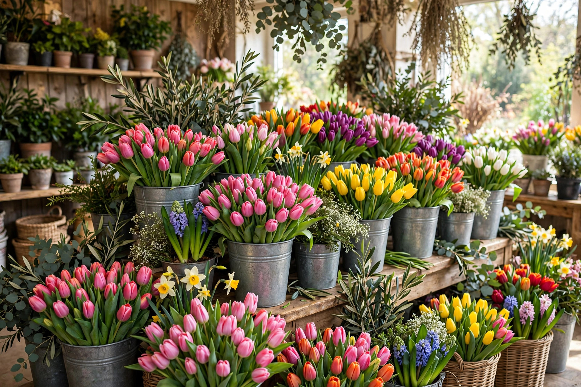 Fresh tulip bouquets on display in a flower shop