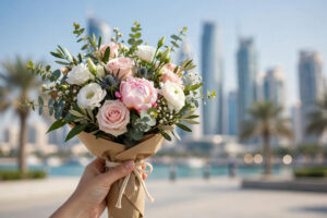 Fresh flower bouquet with modern city skyline in the background