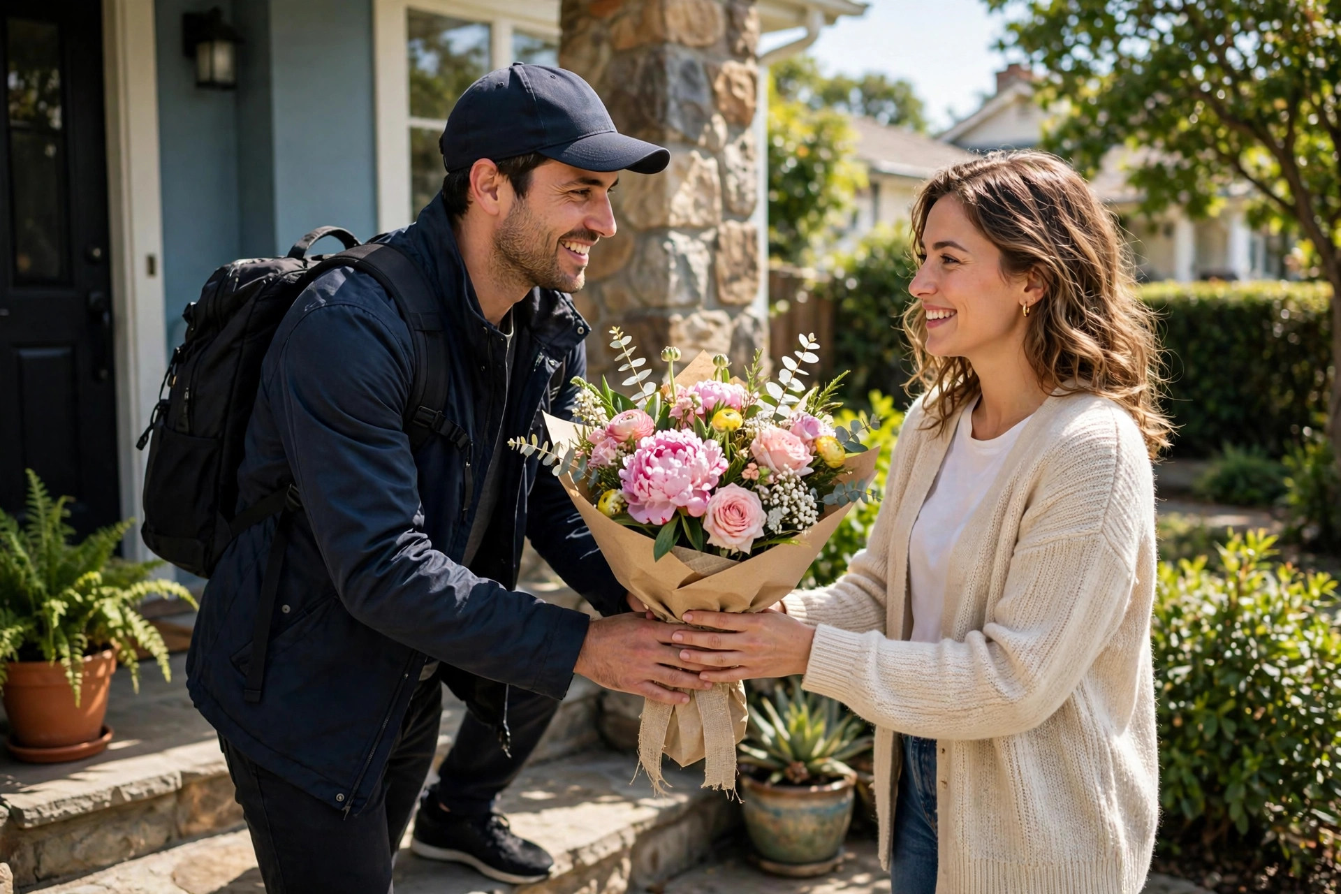 Courier delivering a fresh flower bouquet to a front door
