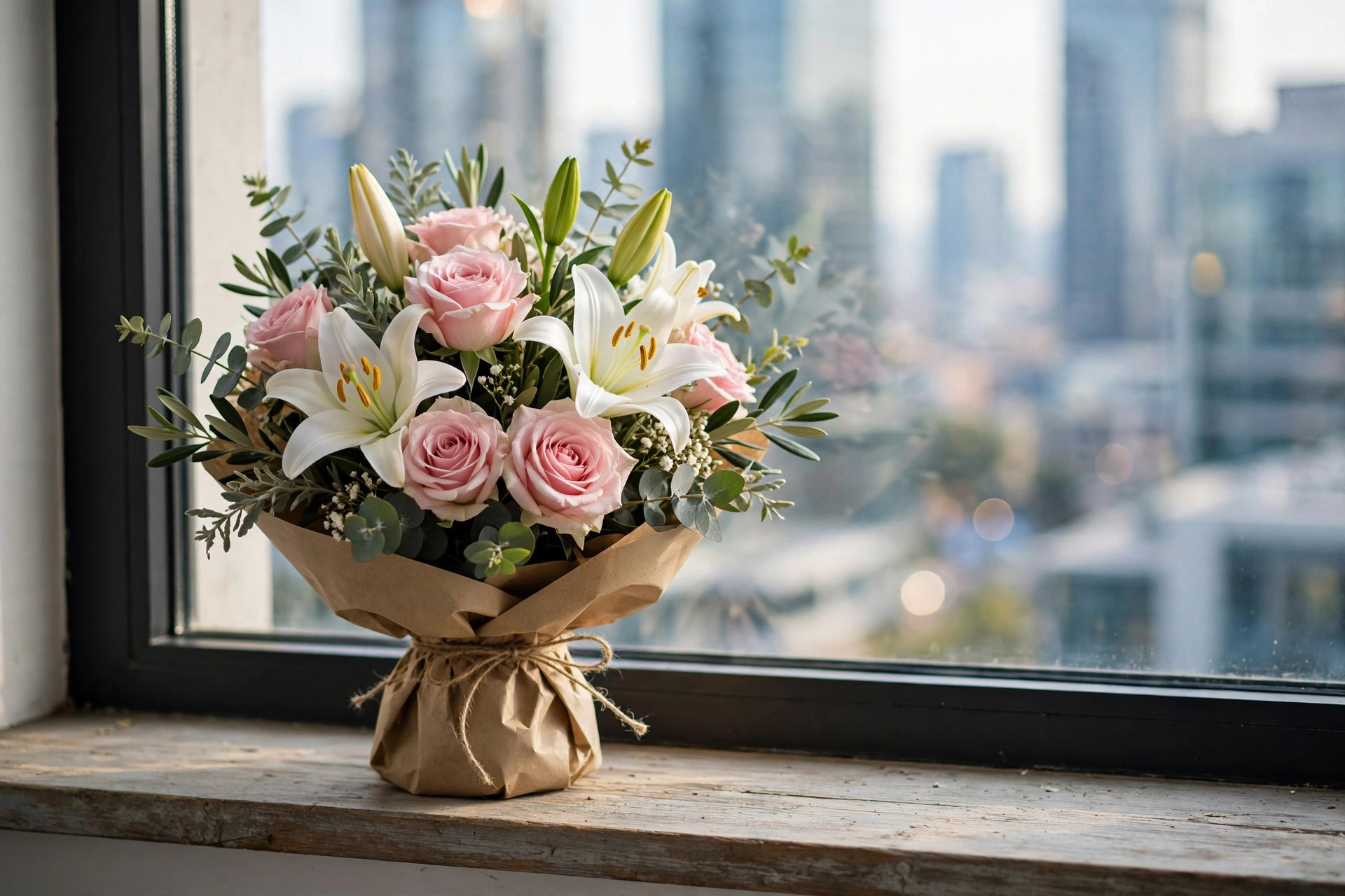 Mixed flower bouquet on a windowsill with city view