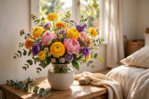 Cheerful flower bouquet on a bedside table in a sunny room