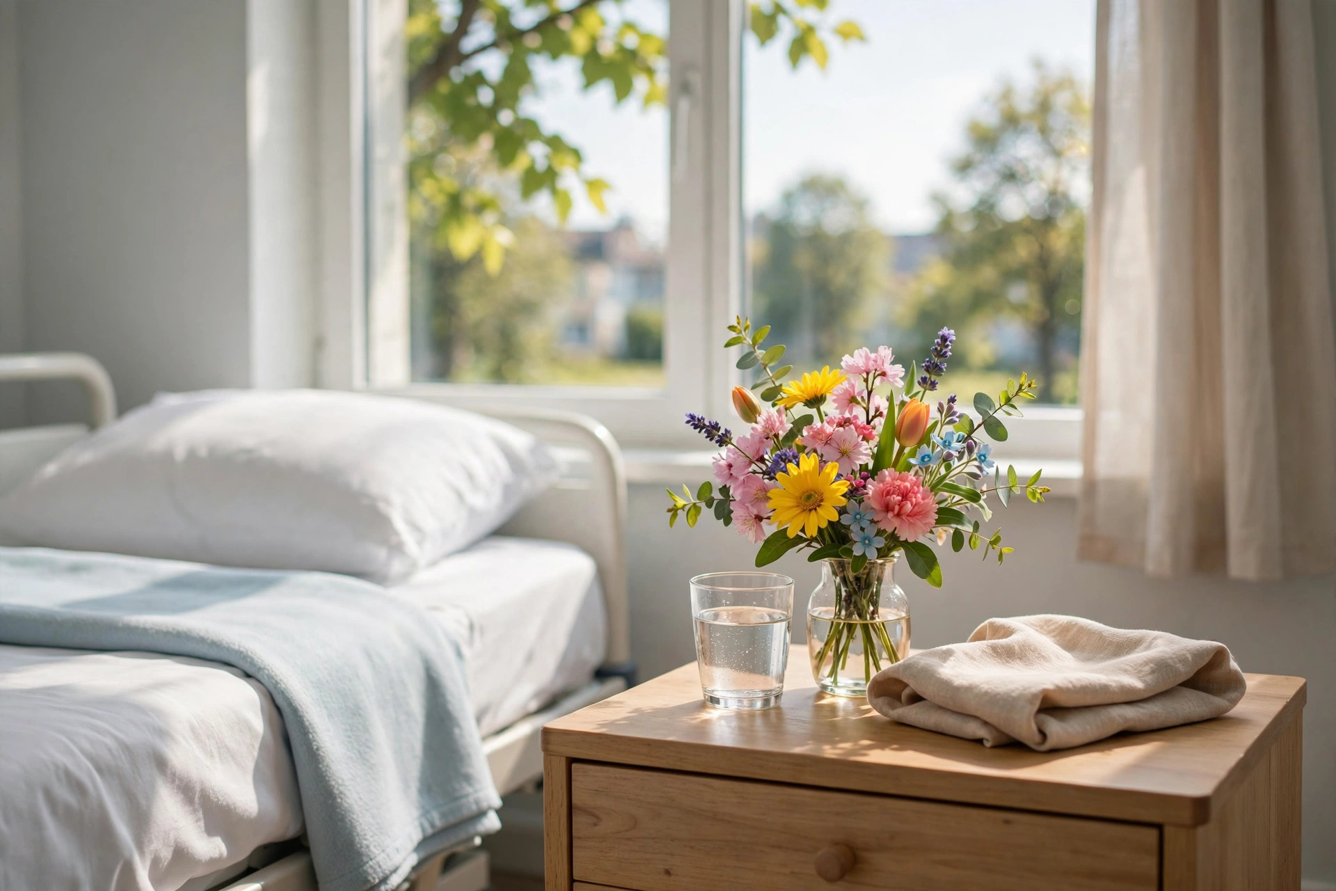 Get well soon flowers on a hospital bedside table