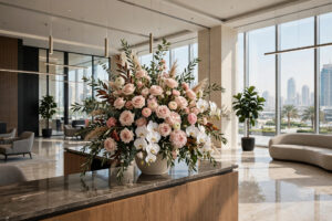 Elegant floral arrangement in a modern Dubai office lobby