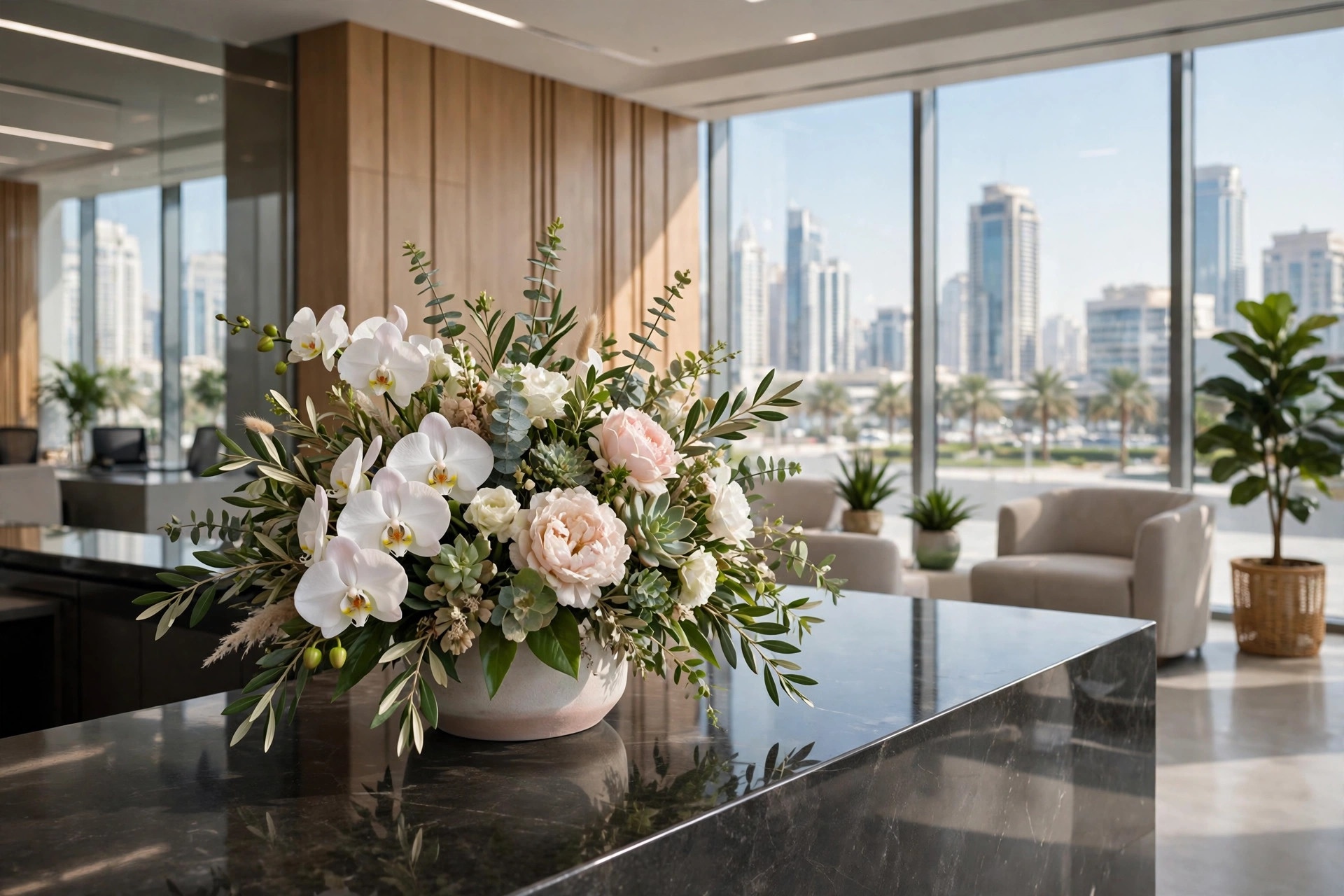 Floral arrangement on a modern office reception desk