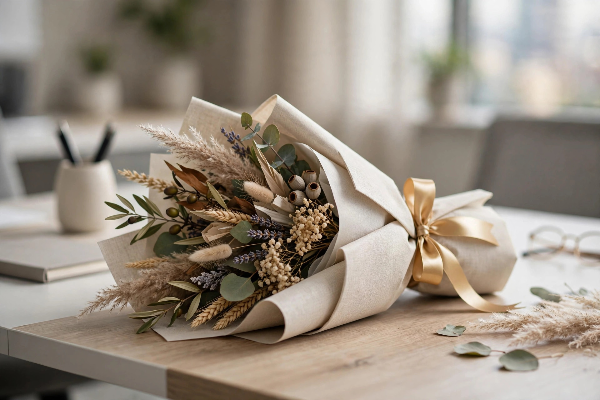 Premium corporate gift bouquet with gold ribbon