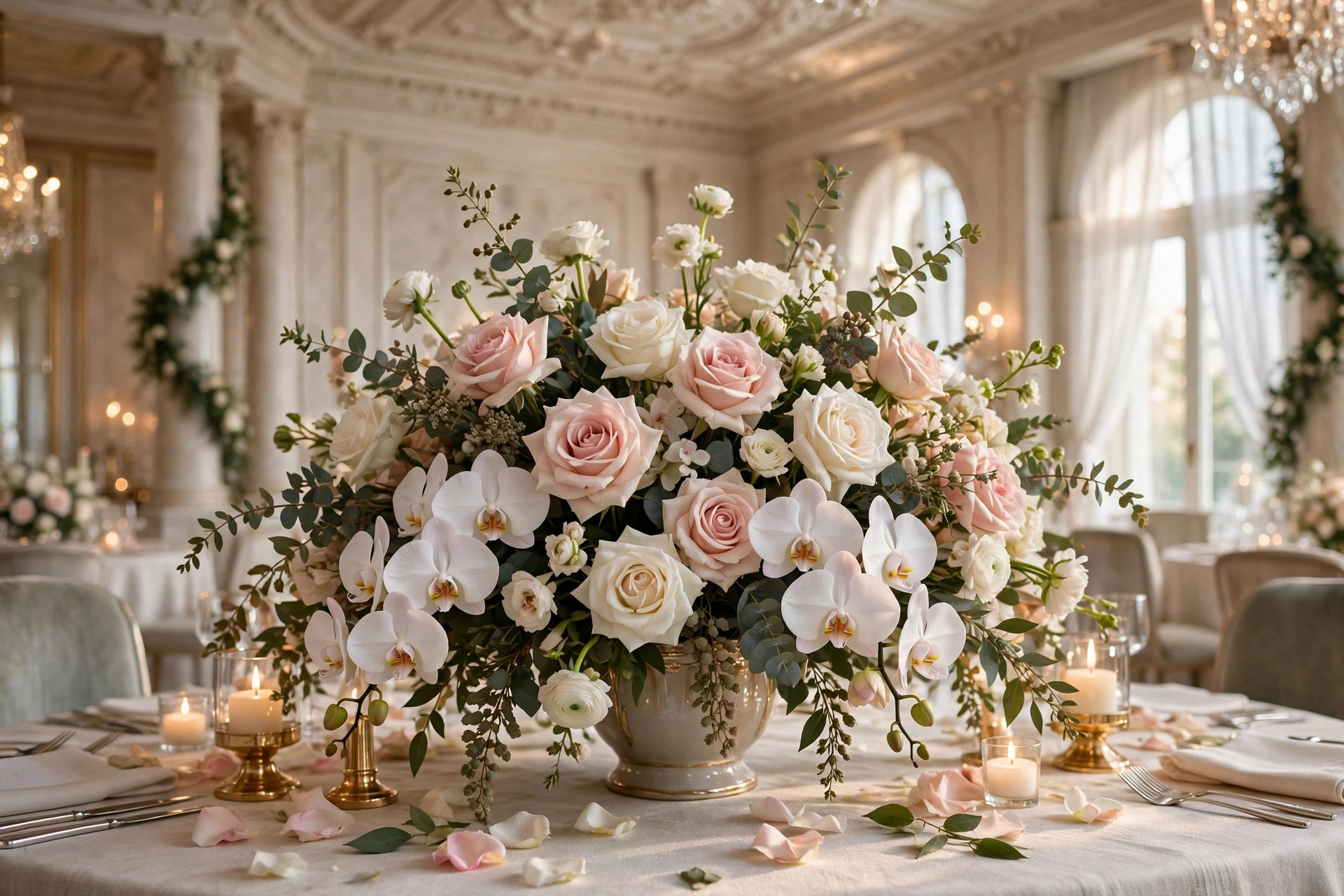Luxury white and blush wedding floral arrangement