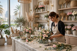 Florist arranging a luxury rose bouquet in an elegant Dubai flower boutique