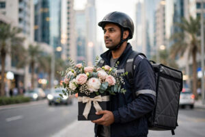 Delivery rider carrying a flower bouquet through Dubai