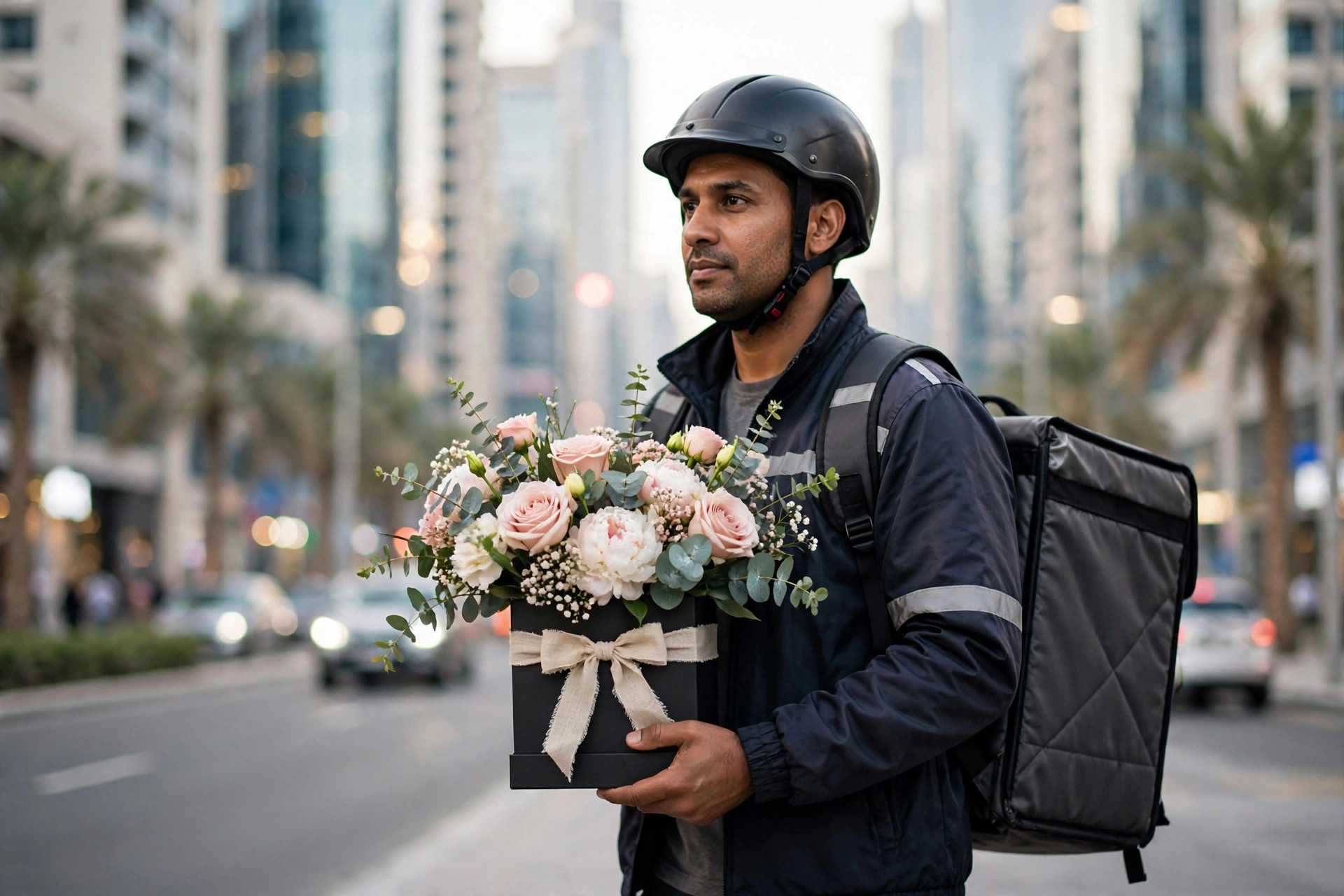 Delivery rider carrying a flower bouquet through Dubai