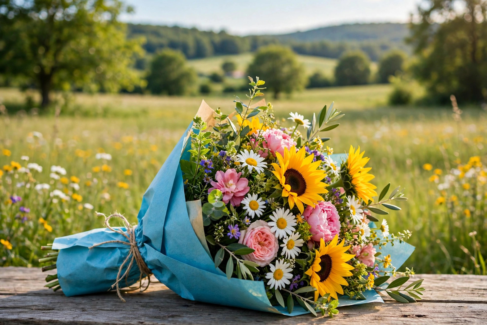 Colorful Friendship Day flower bouquet with sunflowers and daisies