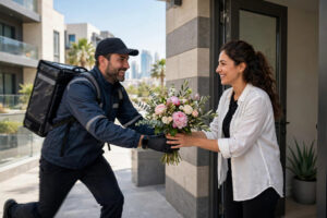 Courier delivering a fresh flower bouquet for same-day delivery in Dubai
