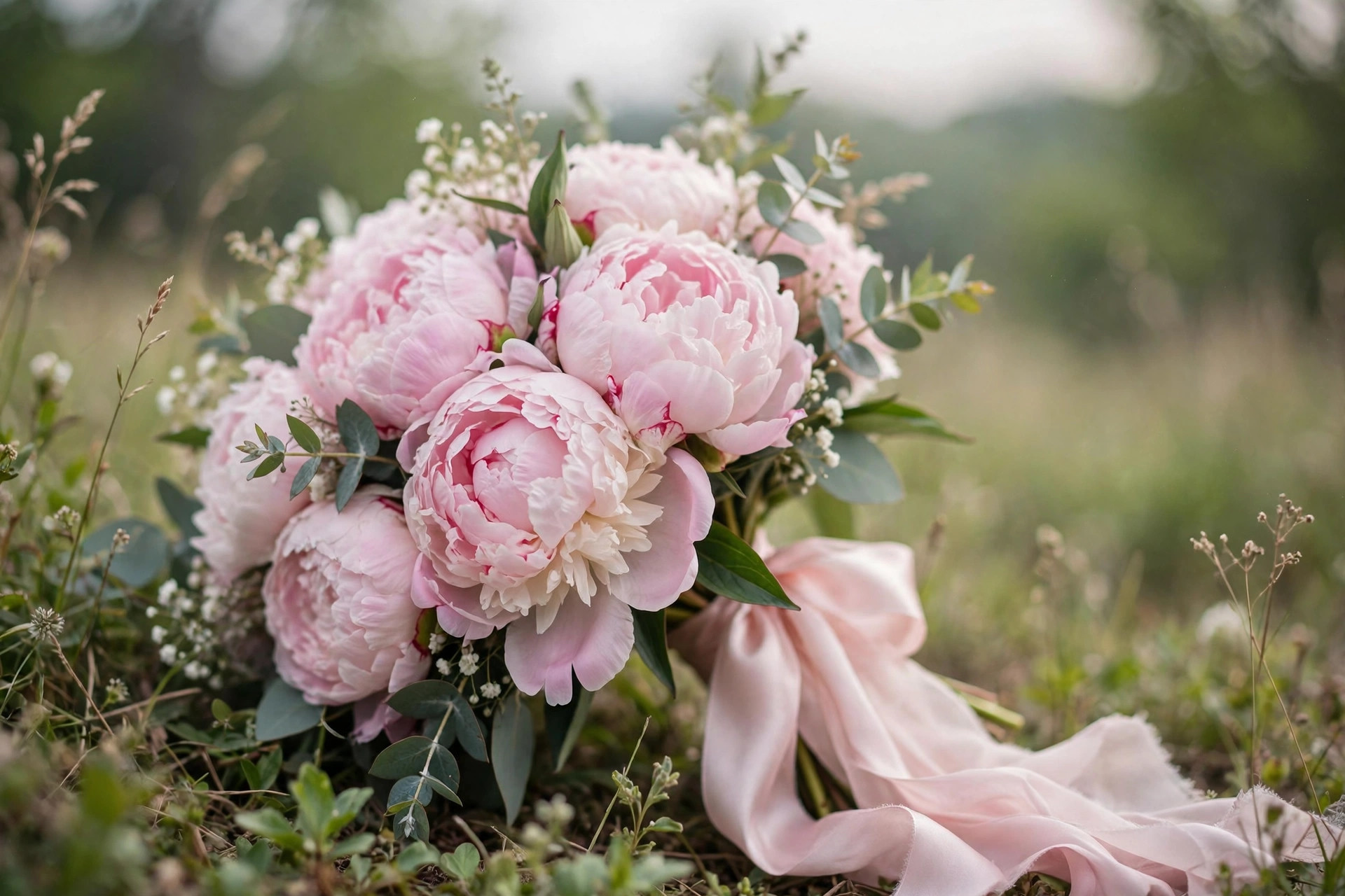 Pink peony bridal bouquet with silk ribbon