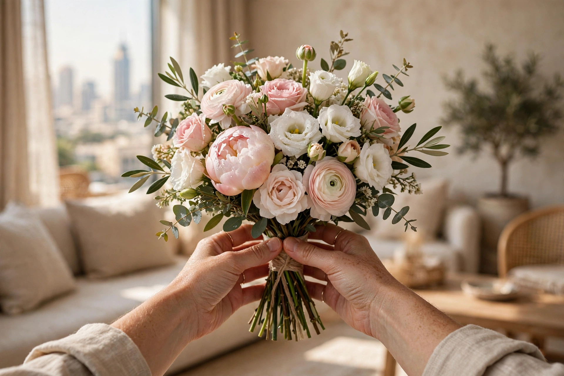 Blush apology flowers with card