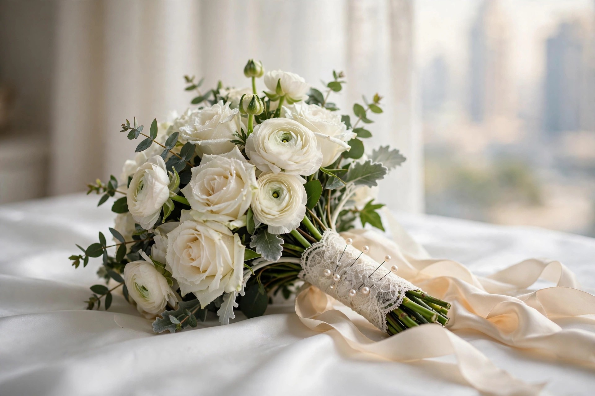 Bride holding a cascading white orchid bouquet