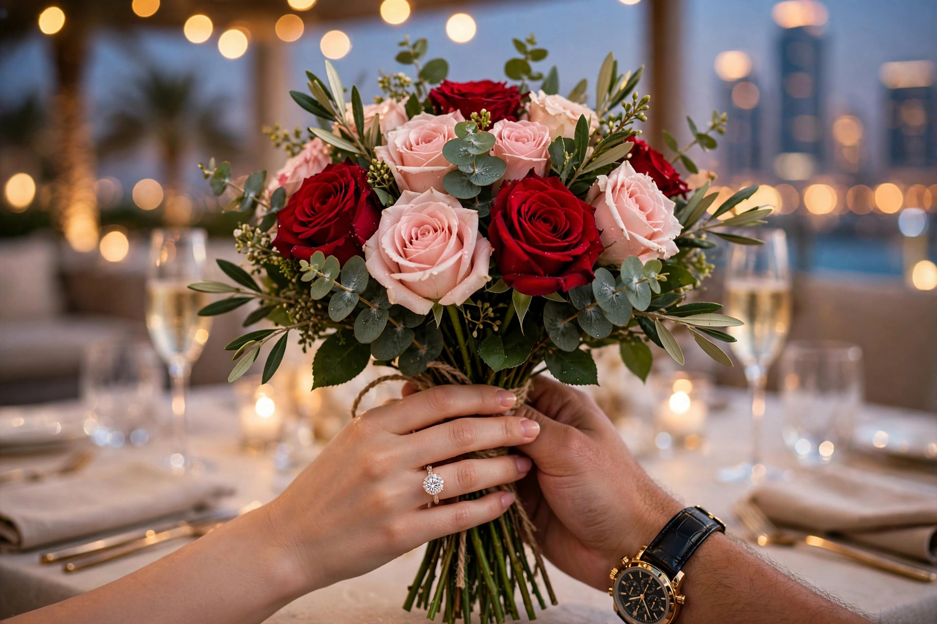 Couple holding engagement bouquet with ring box