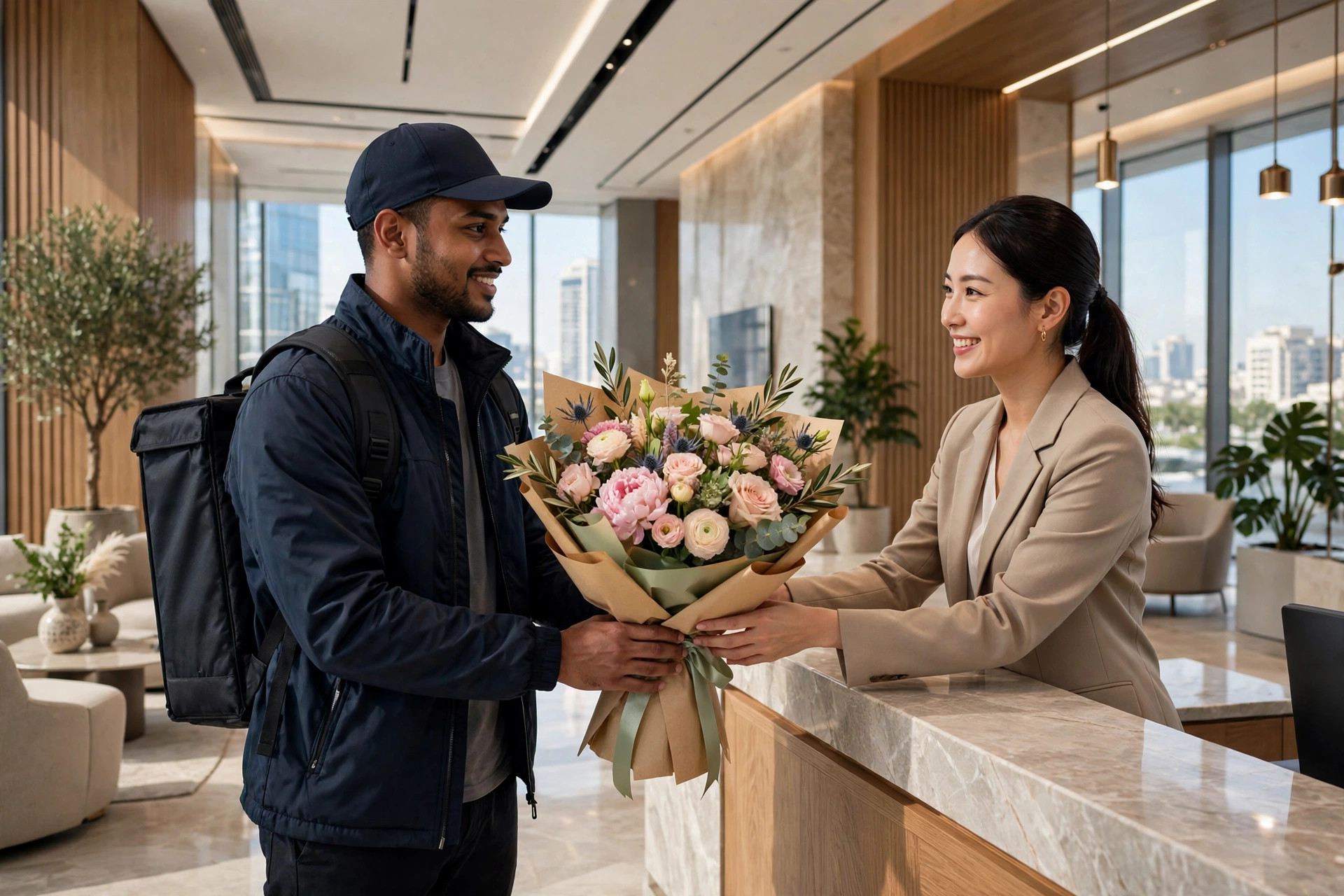 White orchid plant delivered to a modern office desk