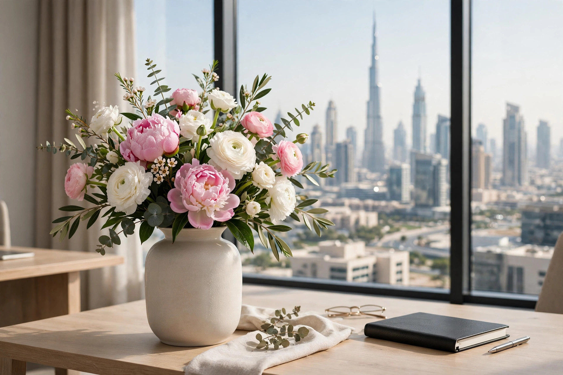 Courier handing a bouquet to a tower reception desk