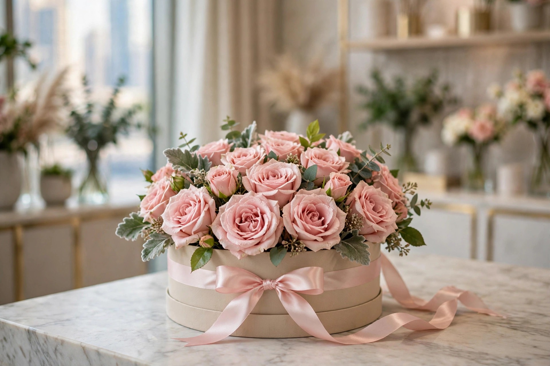 Architectural white orchid arrangement in a DIFC office