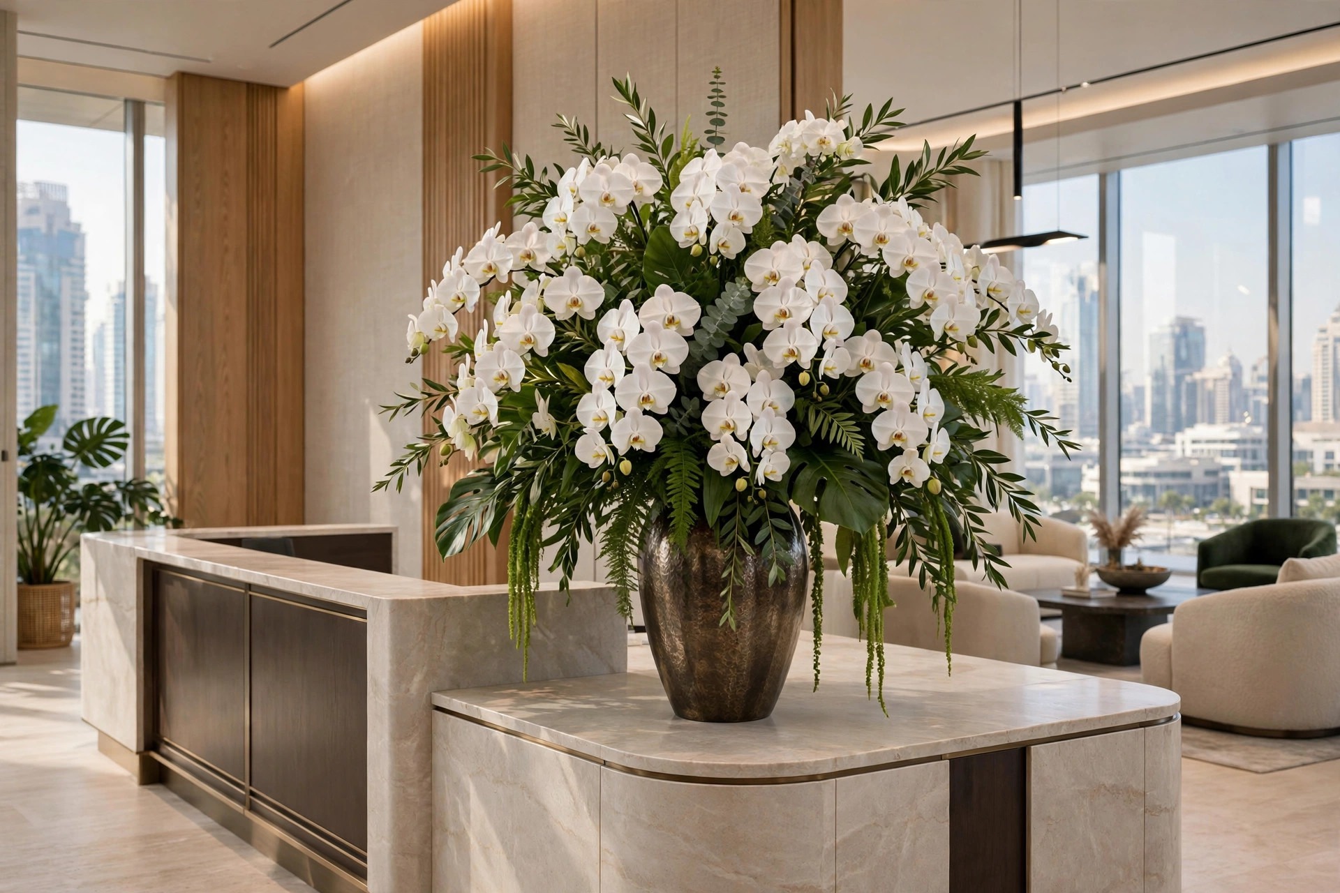 Minimal calla lily centrepiece at a gallery event