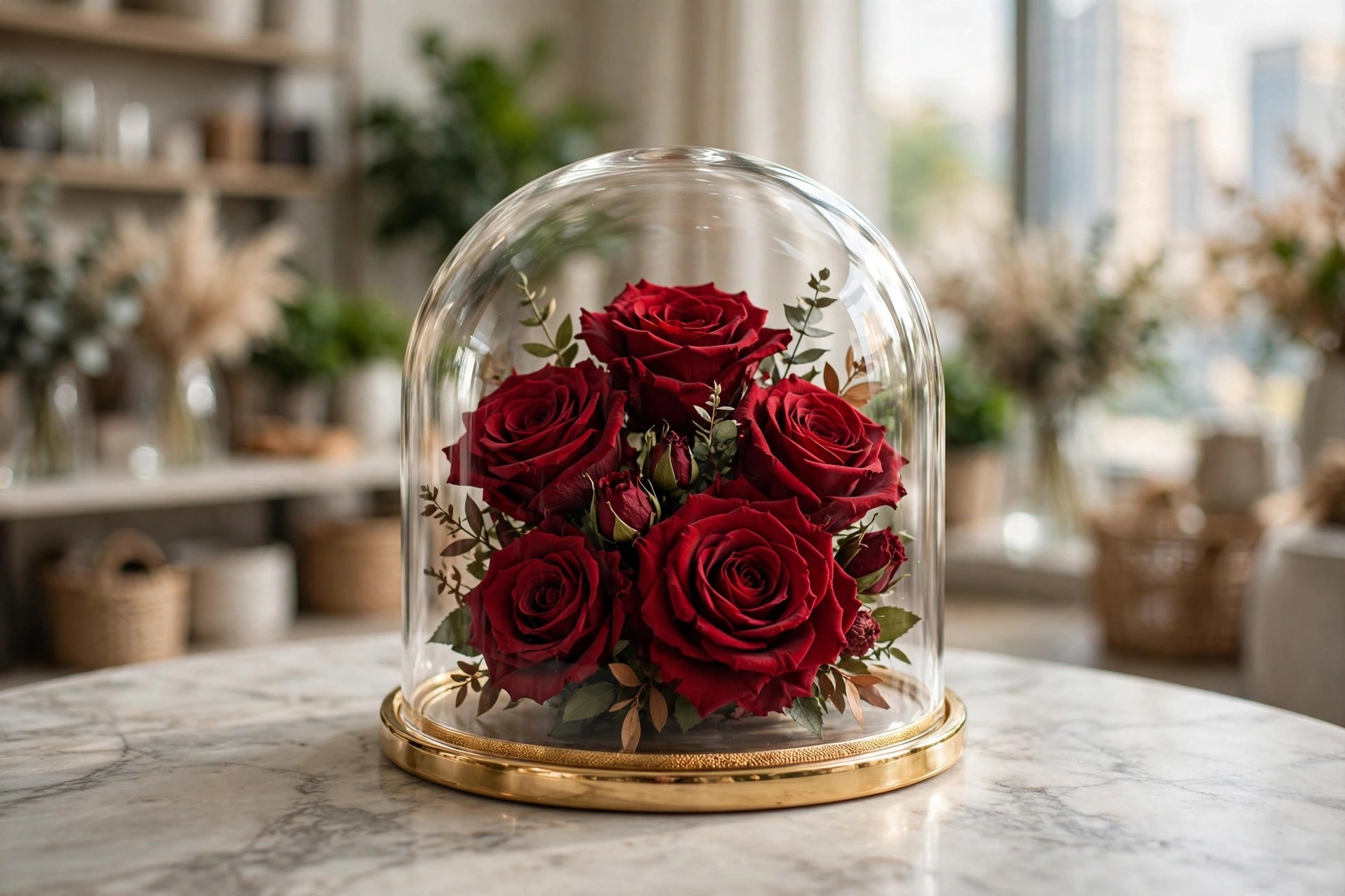 Fresh roses beside a preserved rose dome comparison