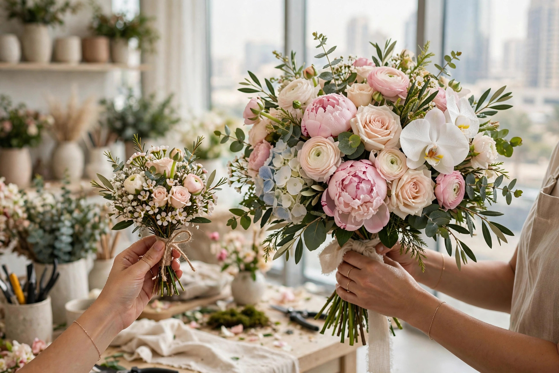 Florist comparing petite, classic and grand bouquet sizes