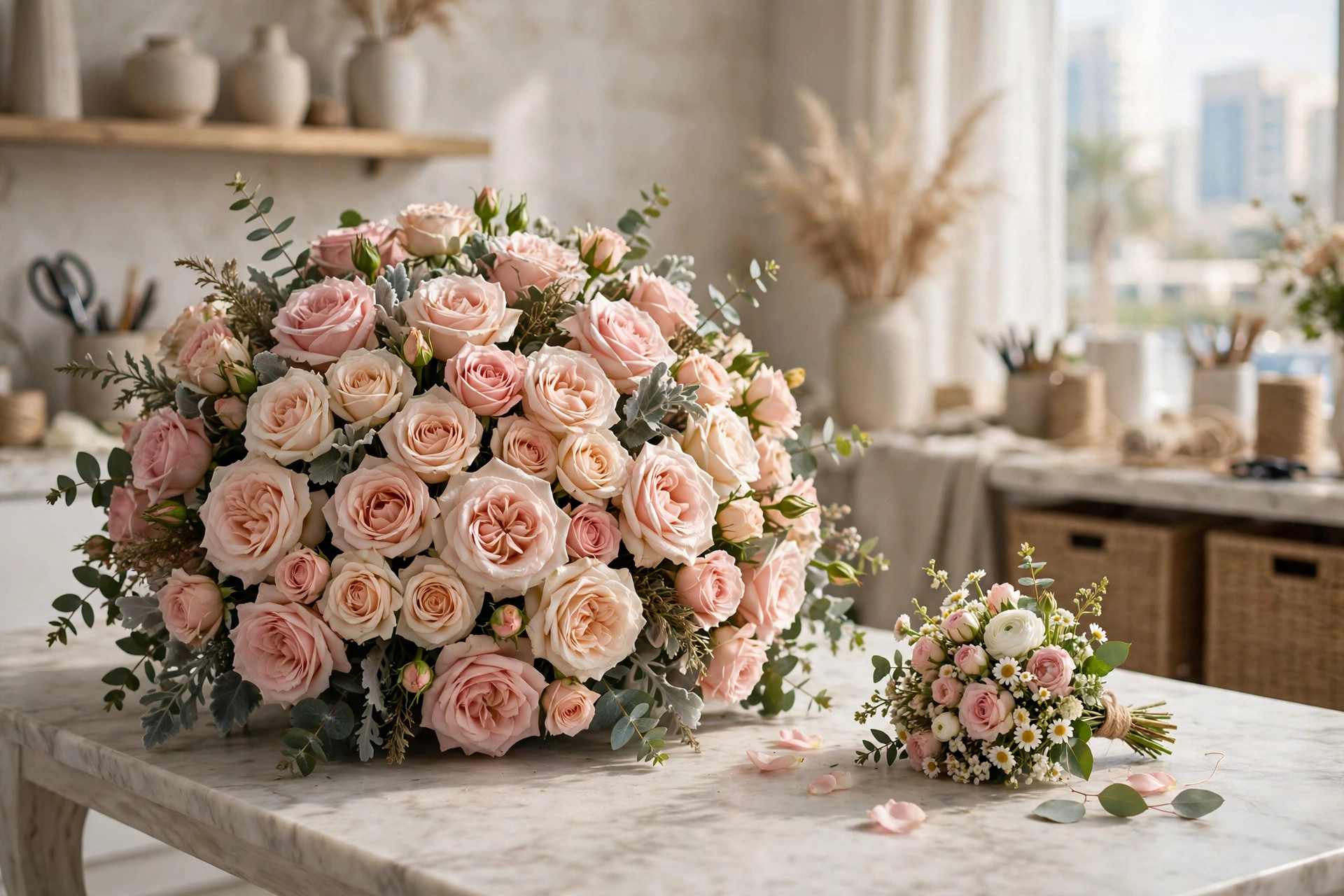 Hands tying a classic hand-tied flower bouquet