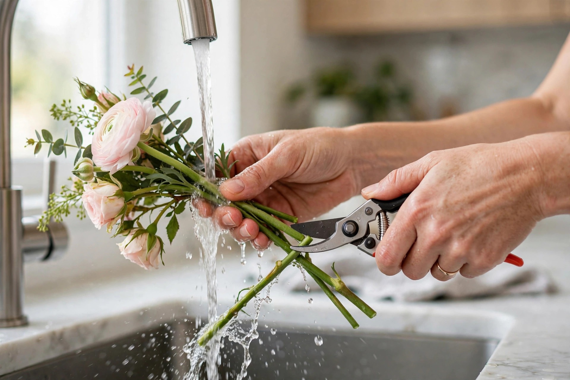 Trimming flower stems at an angle under water