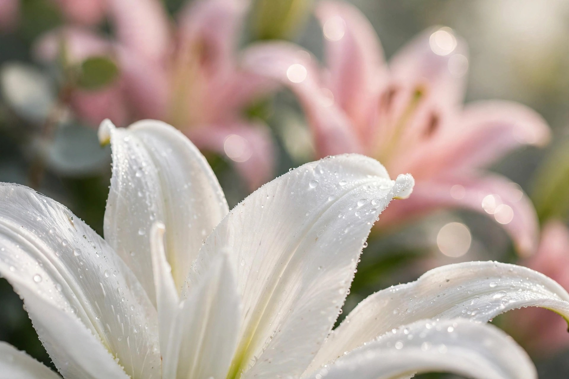 Pink Oriental lilies opening in a glass vase