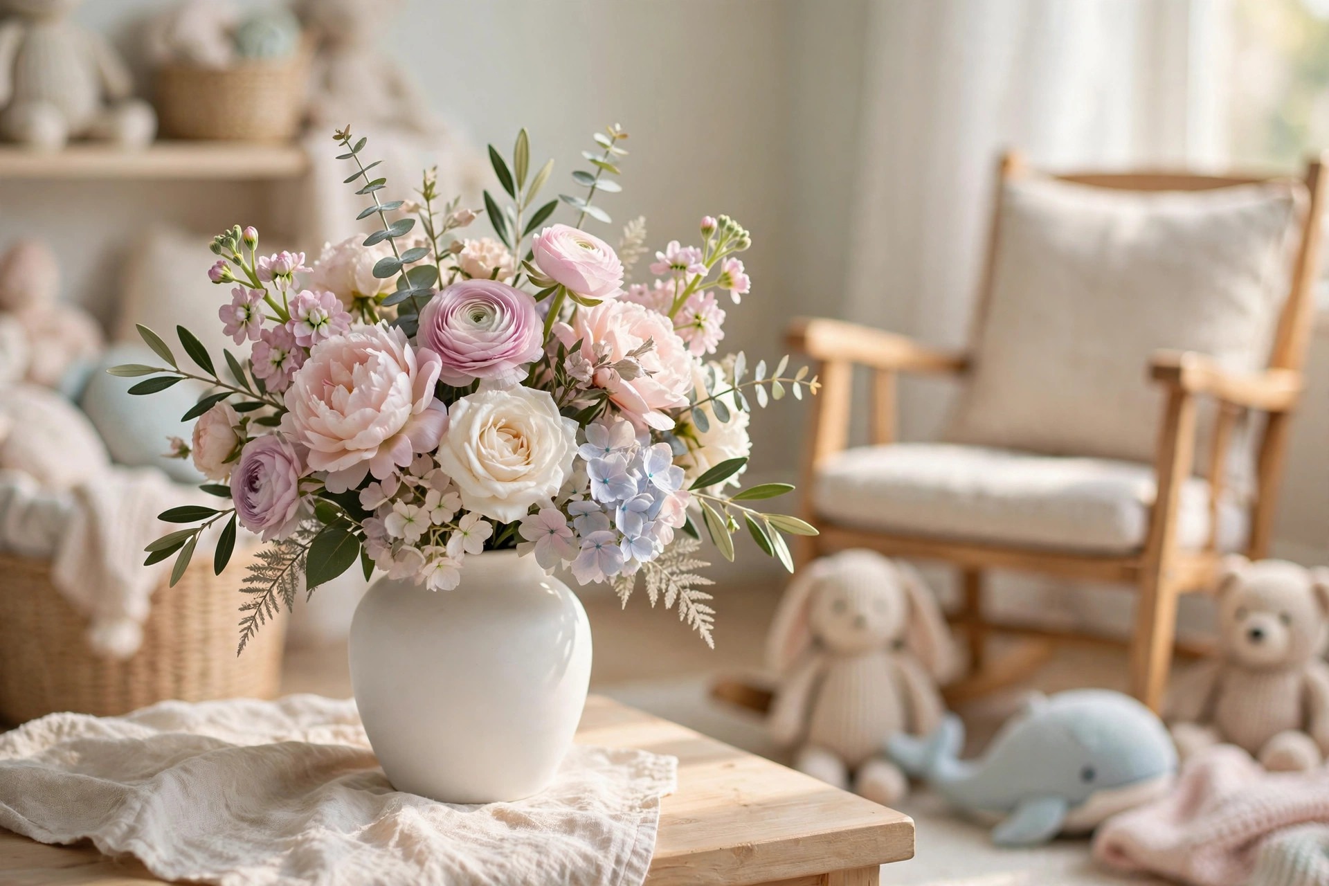 Pastel new baby flowers with plush toy