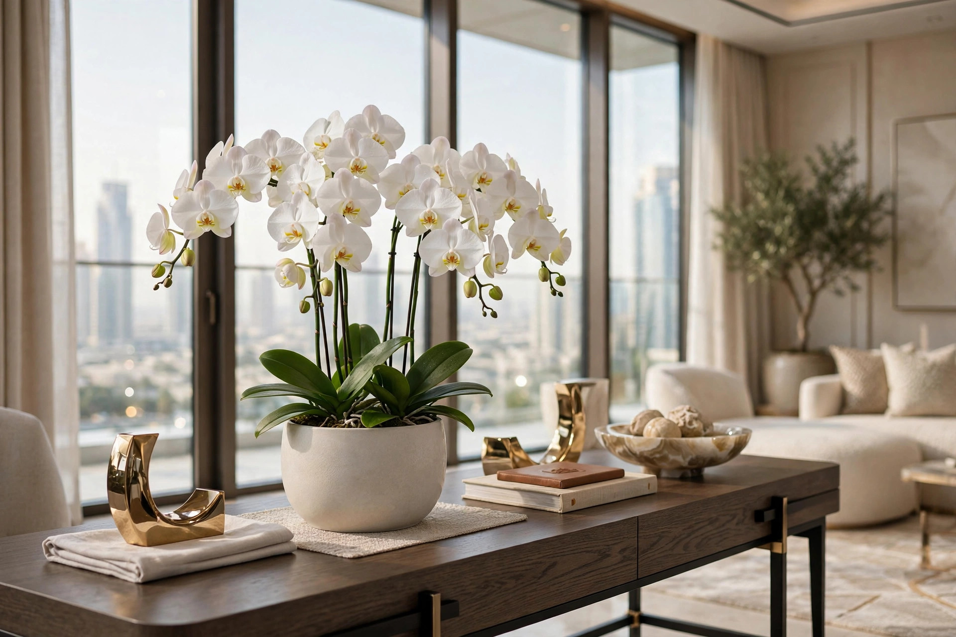 Hand watering a potted orchid beside a bright window