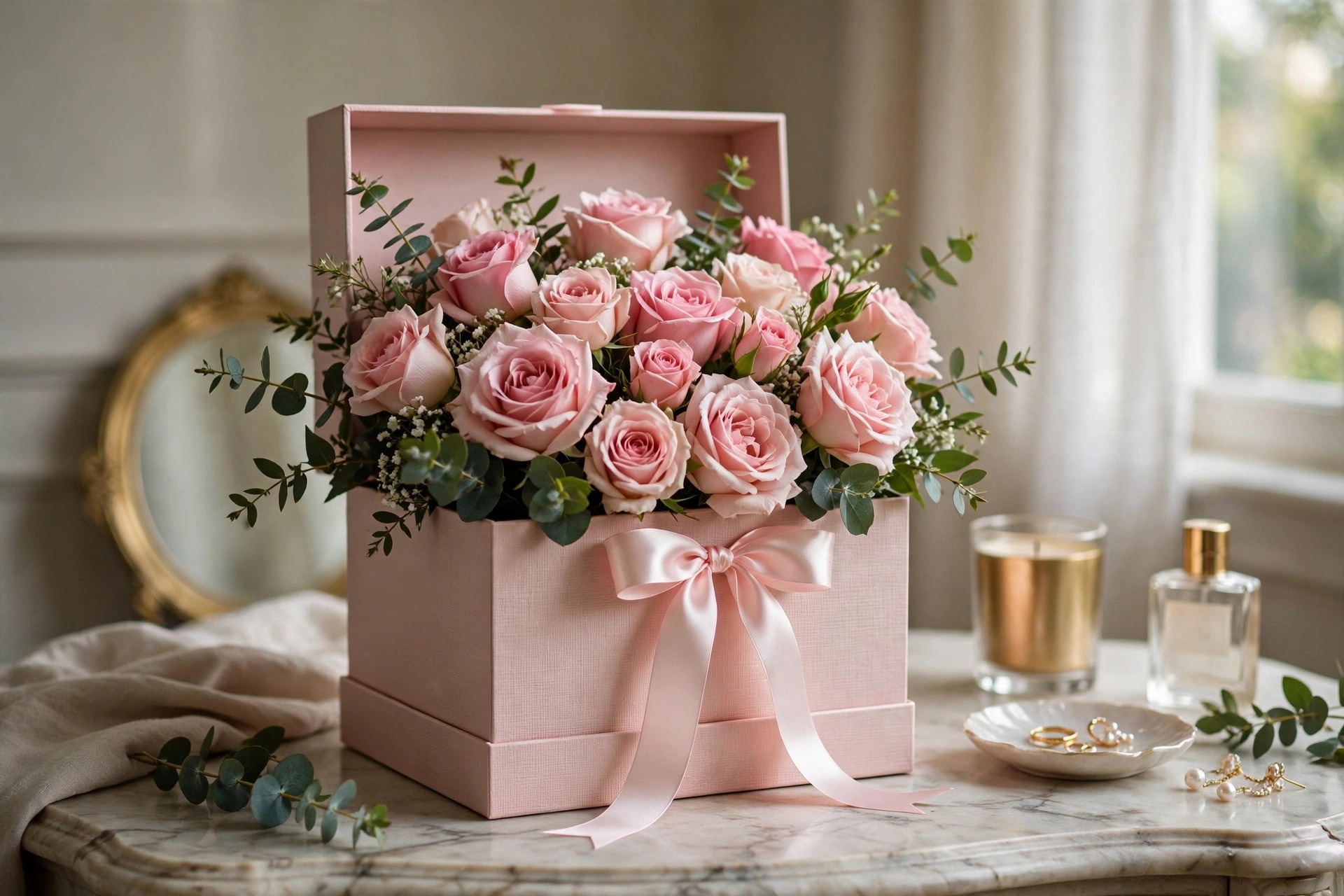 Blush pink roses with eucalyptus greenery