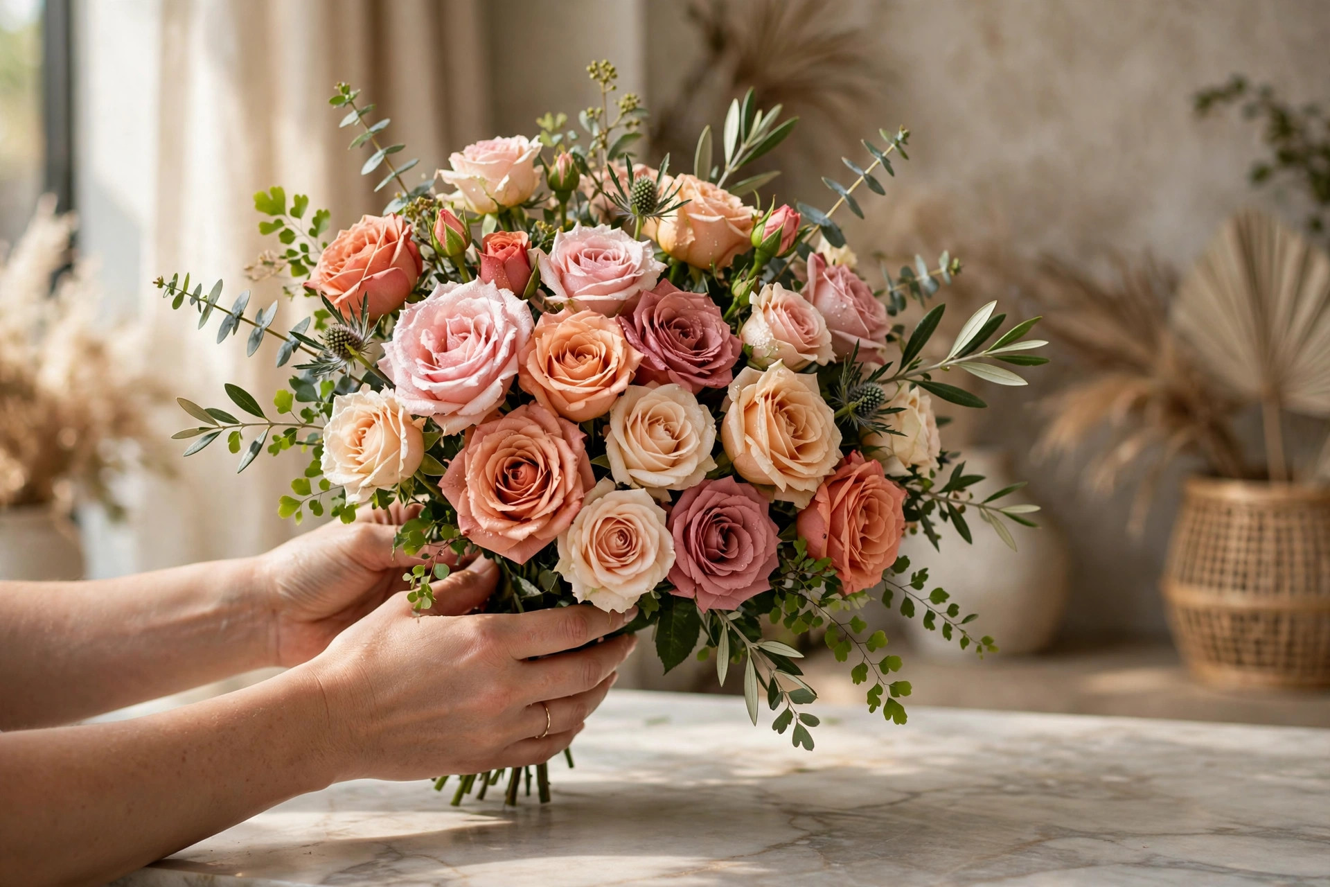 Close-up of multicoloured rose blooms